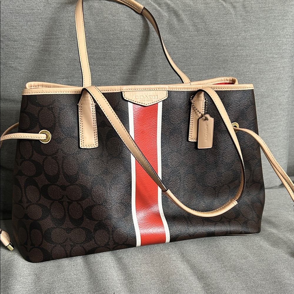 Coach Tan and Red Signature Tote